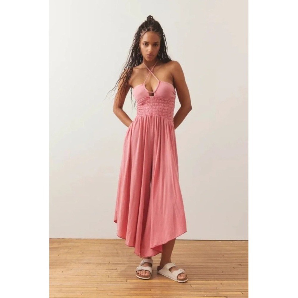 Out From Under UO Smocked Convertible Tie Neck Halter Wide Leg Jumpsuit Pink S